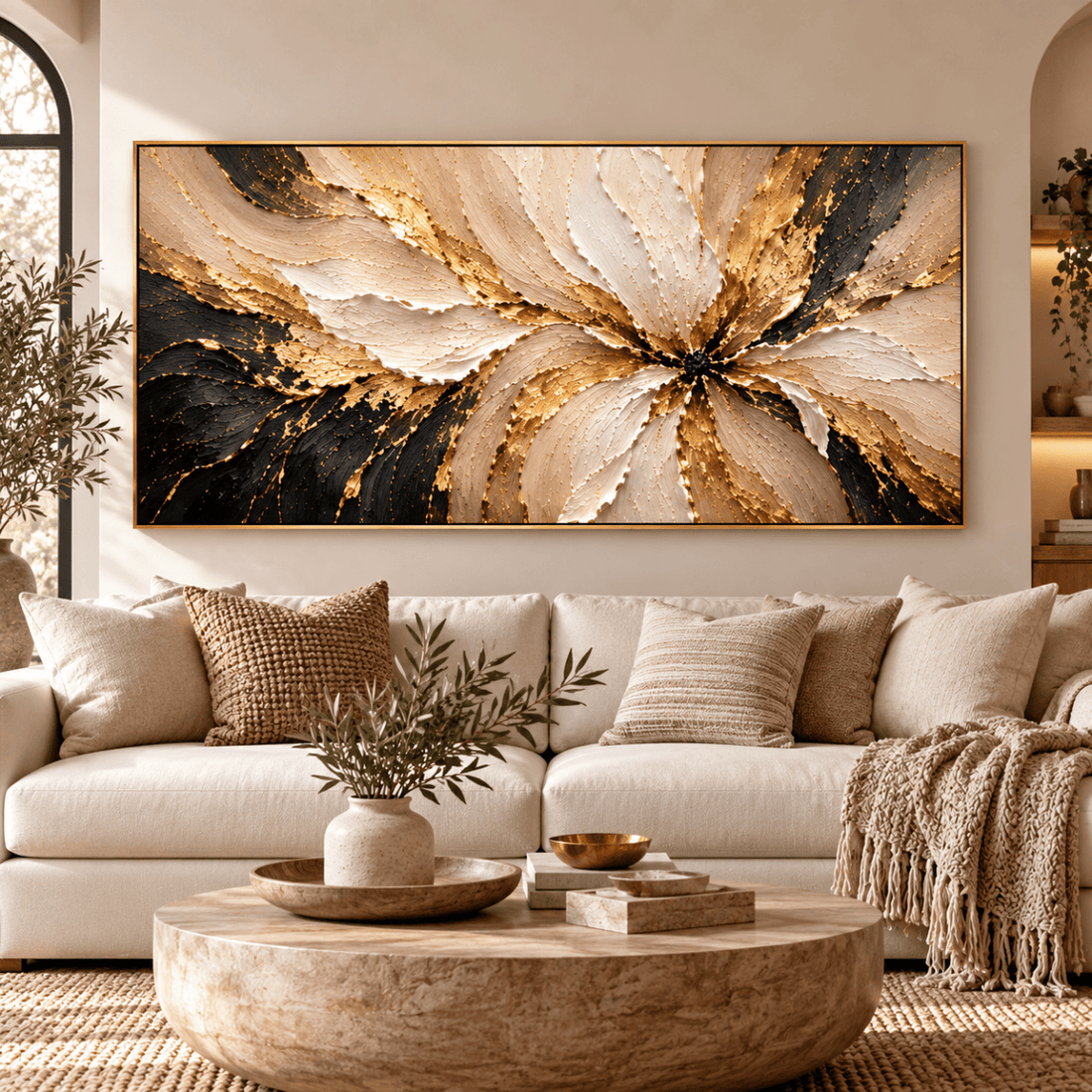 Luxury Gold Flower Wall Art – Oversized Textured Look Canvas in Cream, Gold and Black for Living Room - Sense for Decor