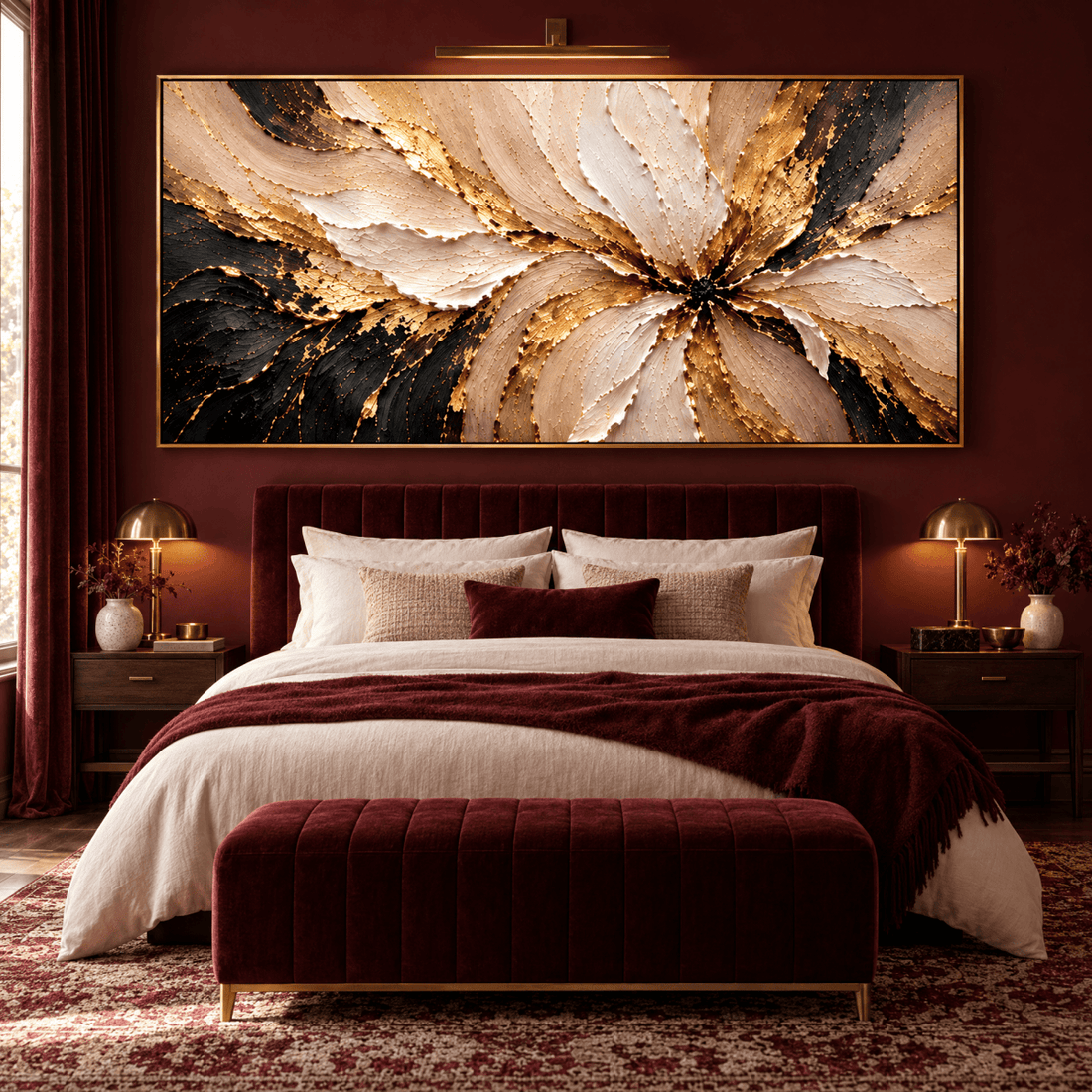 Luxury Gold Flower Wall Art – Oversized Textured Look Canvas in Cream, Gold and Black for Living Room - Sense for Decor