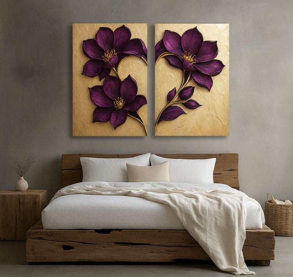 Luxury Purple Floral Wall Art Set 2 Panel Botanical Canvas Print on Gold Background - Sense for Decor