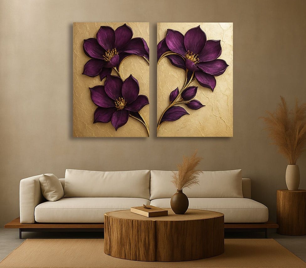 Luxury Purple Floral Wall Art Set 2 Panel Botanical Canvas Print on Gold Background - Sense for Decor