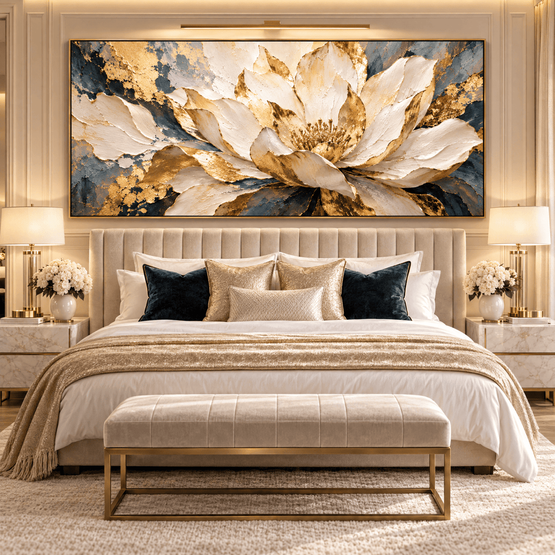 Luxury White and Gold Flower Wall Art – Oversized Navy Blue Textured Look Canvas for Living Room - Sense for Decor