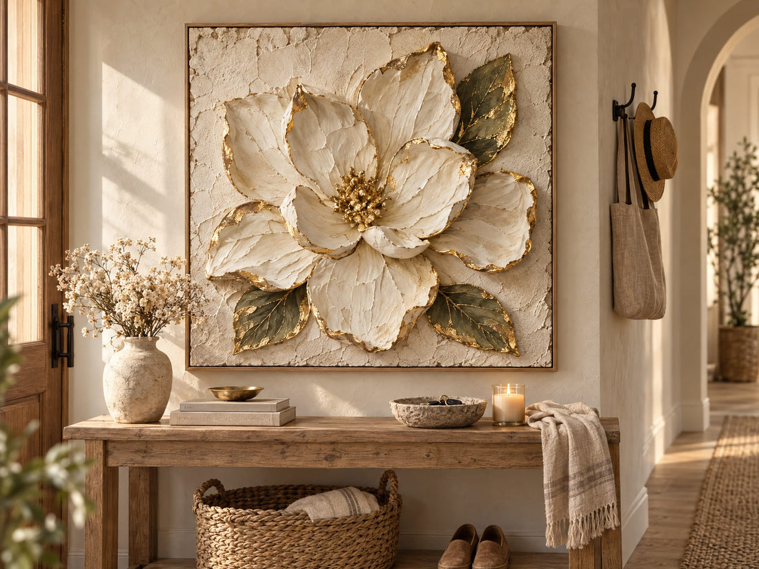 Cream and gold magnolia canvas above a rustic console in a farmhouse entryway
