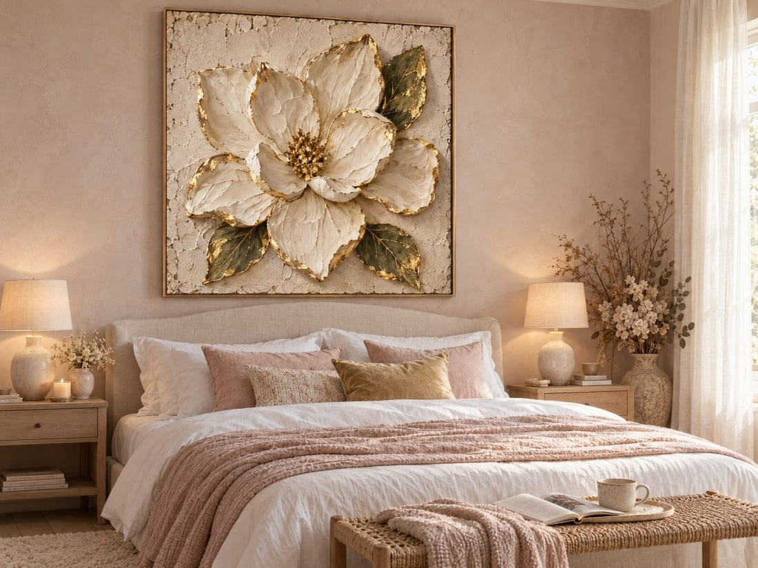 Magnolia Wall Art – Oversized Cream and Gold Textured Look Canvas for Bedroom and Living Room - Sense for Decor