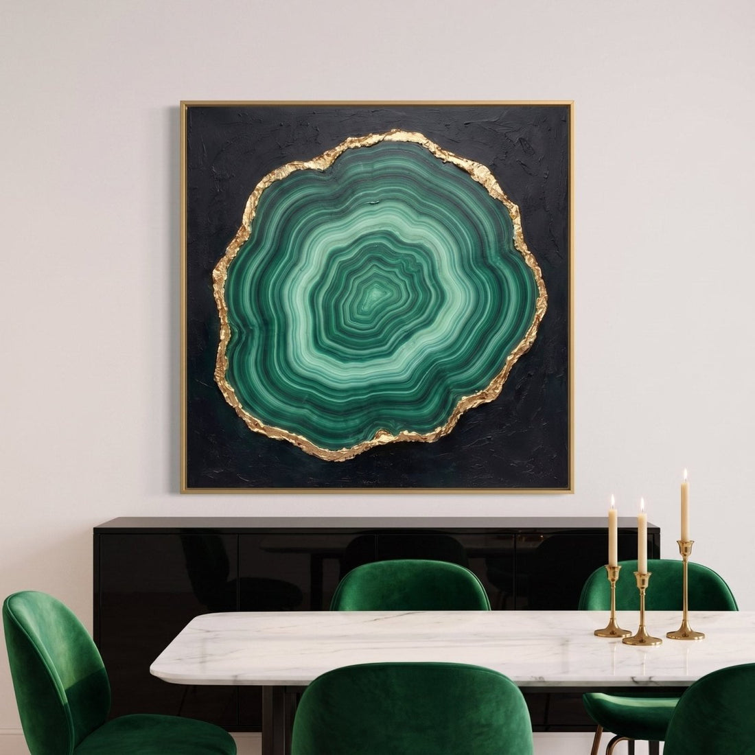 Malachite Wall Art – Oversized Emerald Green and Gold Stone Slice Textured Look Canvas for Living Room - Sense for Decor