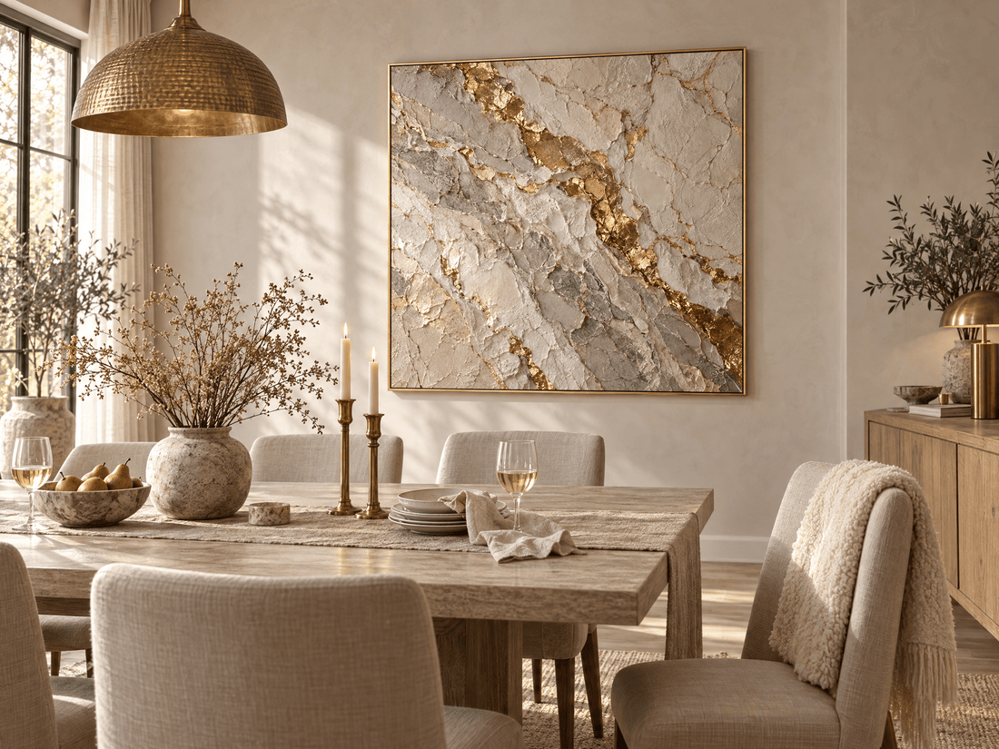 Cream marble canvas with gold veins above a dining table under a brass pendant
