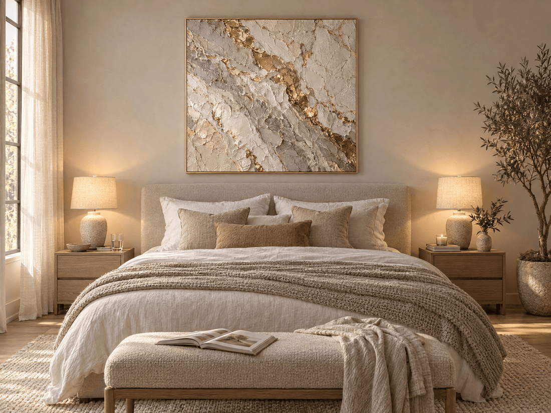Gold vein marble canvas above an upholstered bed in a neutral bedroom