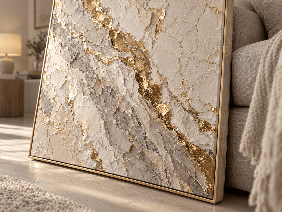 Close up of the gold running through the cracked cream and grey marble surface