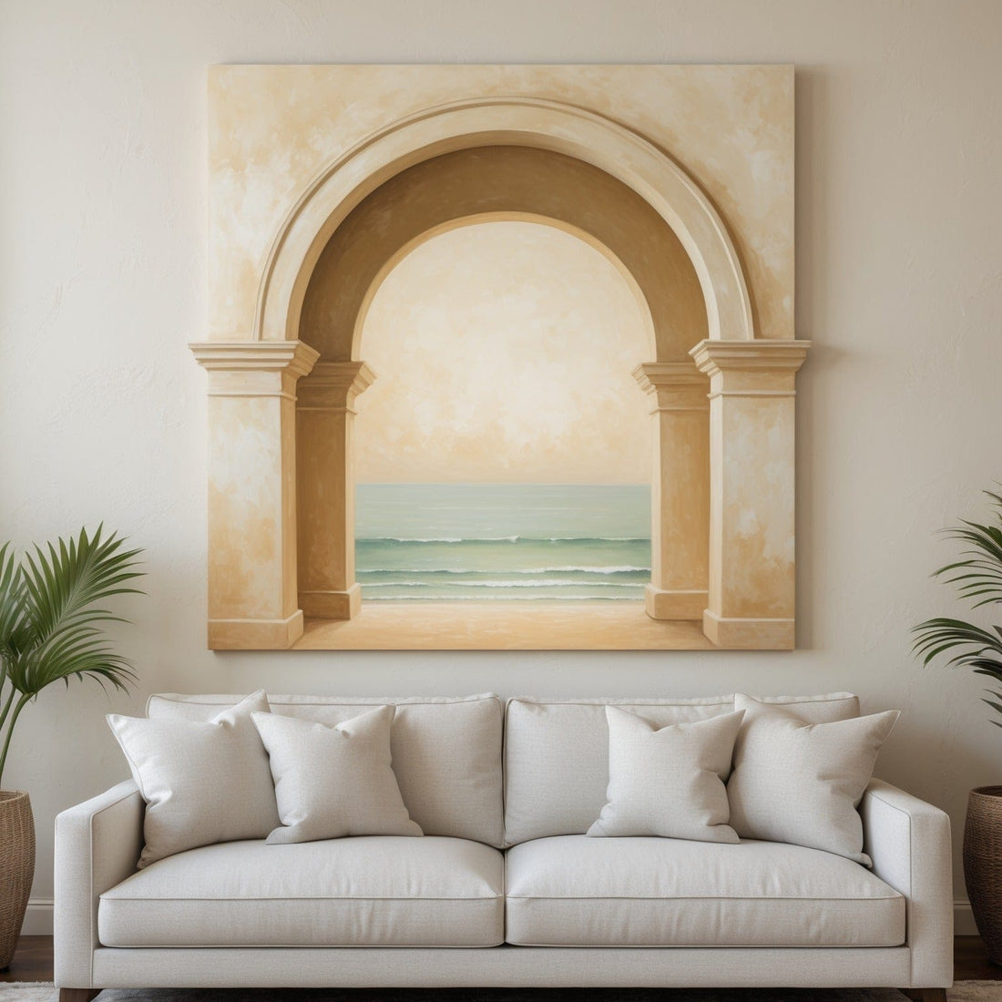 Mediterranean Archway Ocean View Wall Art Flat Canvas Print for Coastal Interiors - Sense for Decor