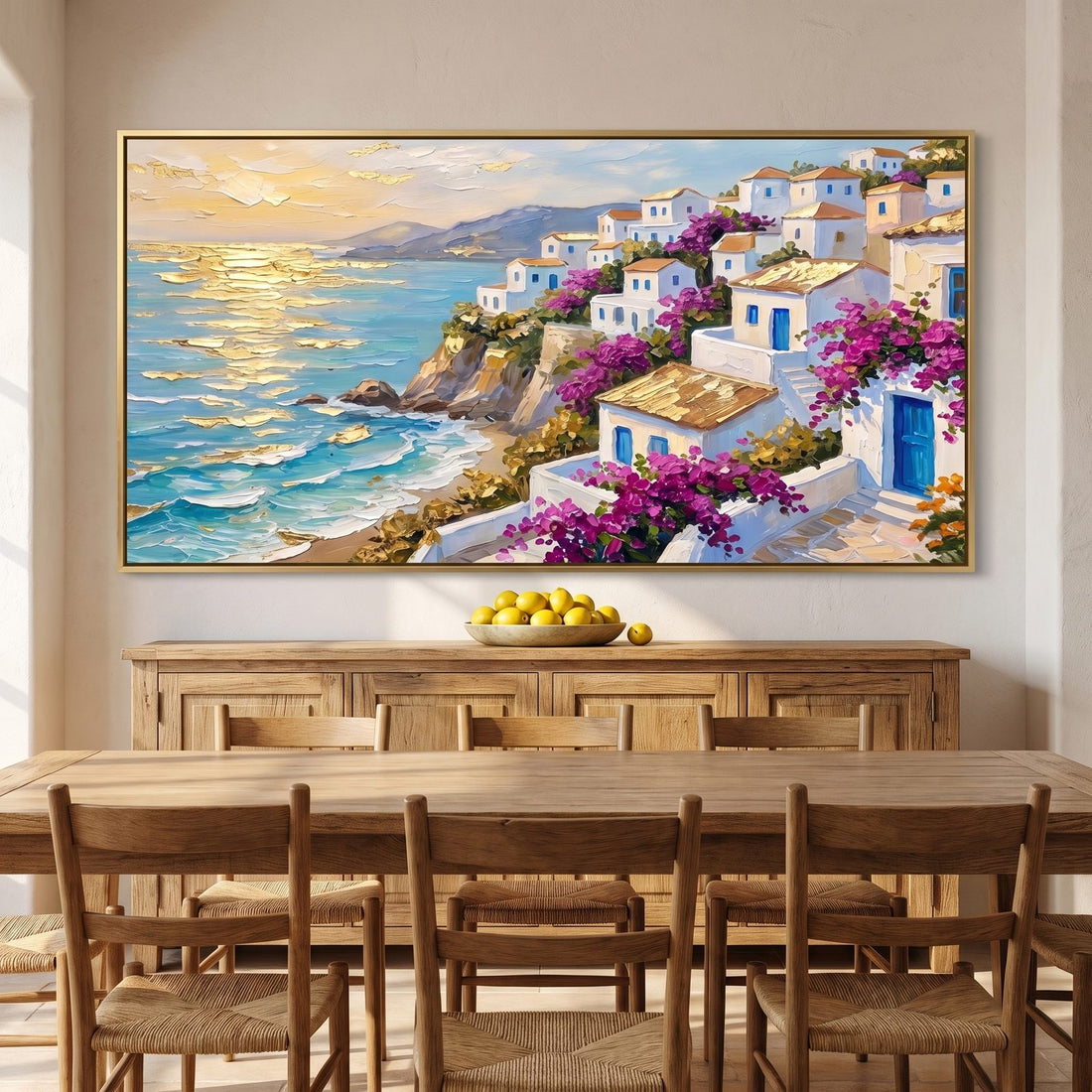 Mediterranean seaside canvas above a rustic sideboard in a sunny dining room