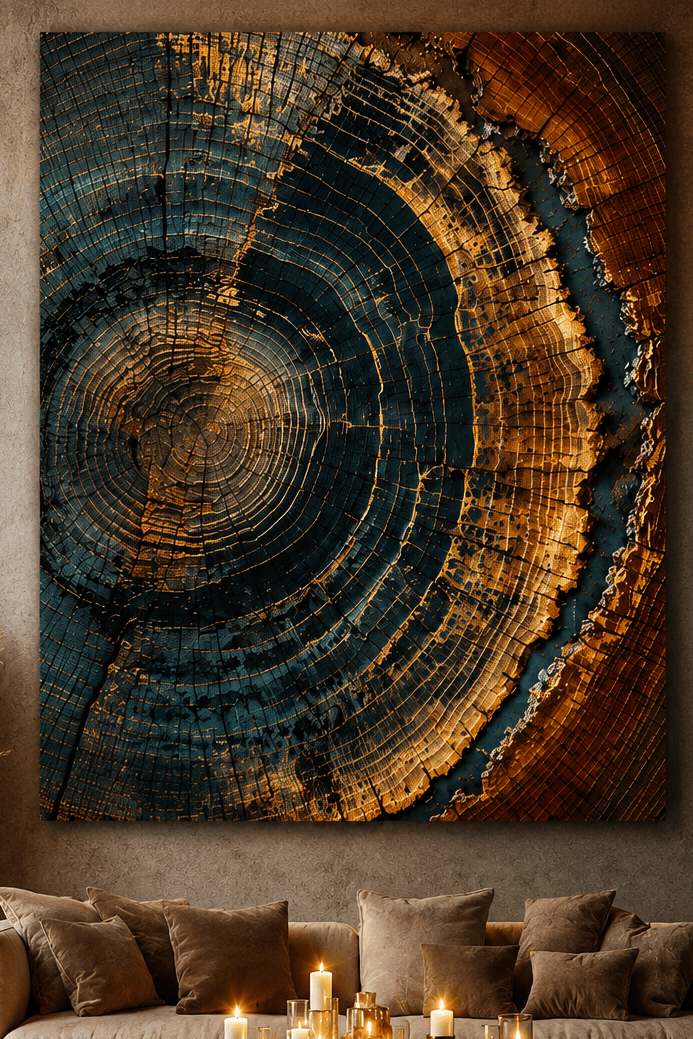 Midnight Ember Tree Ring Wall Art Canvas – Rustic Modern Abstract Wood Slice Decor - Sense for Decor
