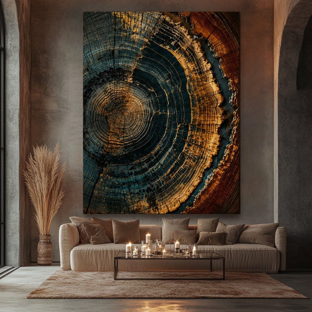 Midnight Ember Tree Ring Wall Art Canvas – Rustic Modern Abstract Wood Slice Decor - Sense for Decor