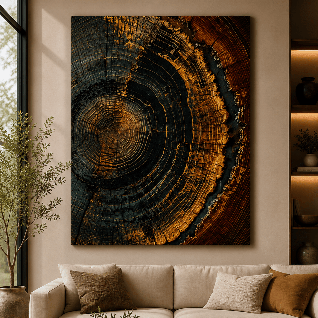 Midnight Ember Tree Ring Wall Art Canvas – Rustic Modern Abstract Wood Slice Decor - Sense for Decor