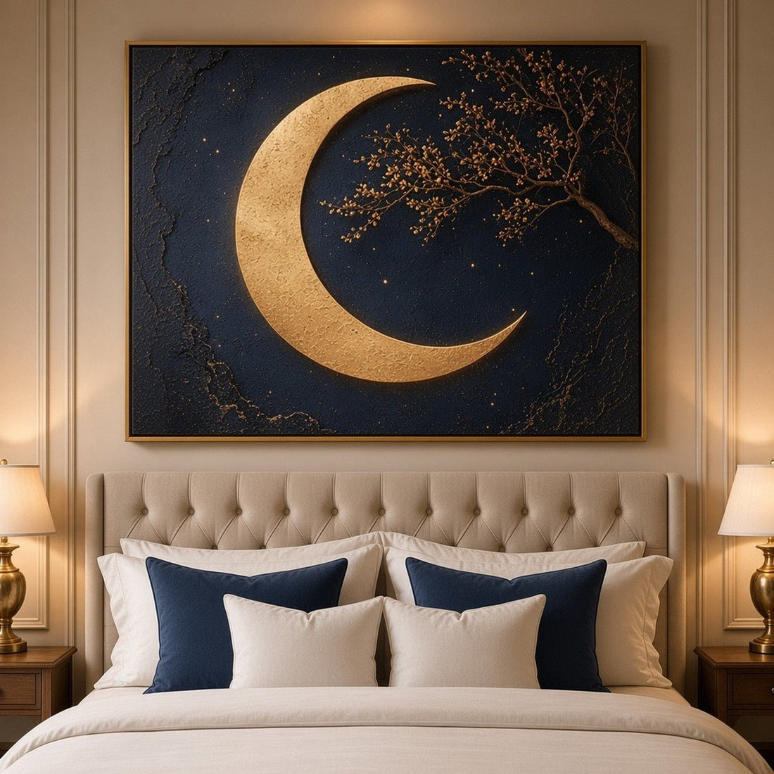 Midnight Navy Crescent Moon Wall Art – Oversized Navy and Gold Crescent Moon Textured Look Canvas for Living Room - Sense for Decor