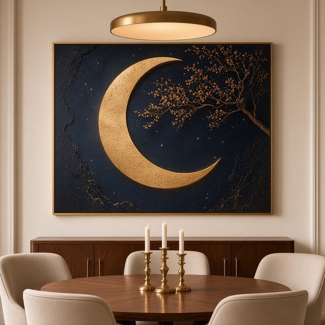 Midnight Navy Crescent Moon Wall Art – Oversized Navy and Gold Crescent Moon Textured Look Canvas for Living Room - Sense for Decor