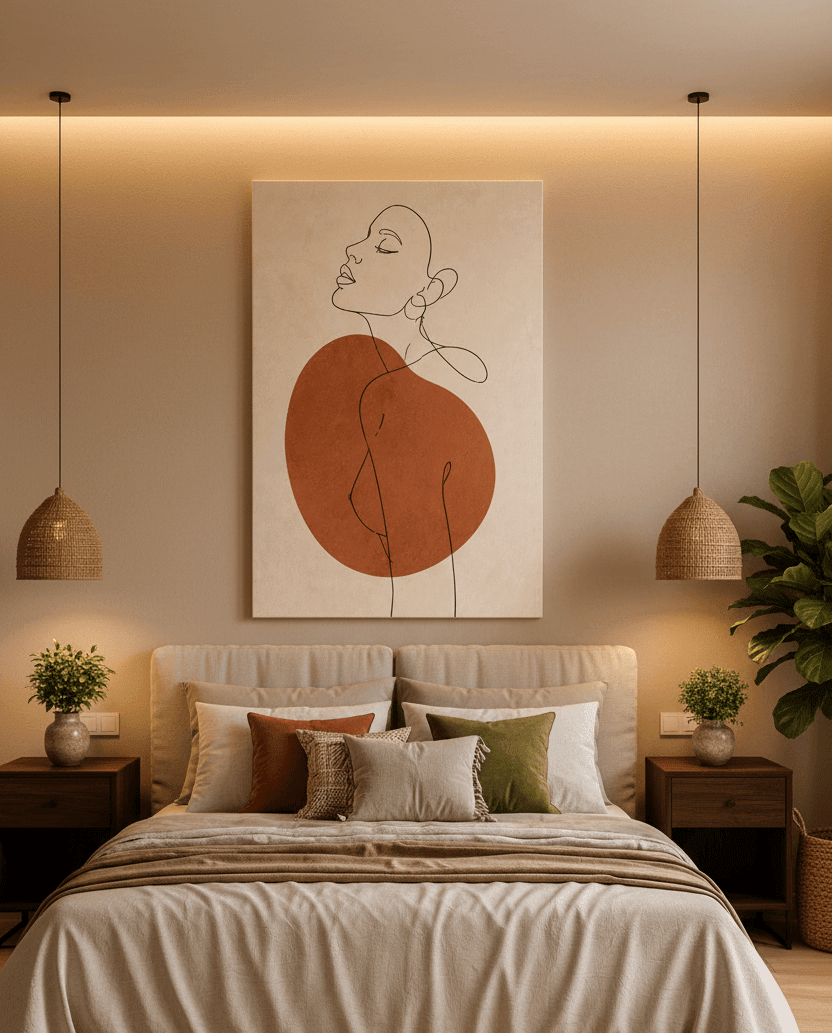 Minimalist Boho Line Art Canvas Wall Art – Abstract Woman Portrait Beige & Terracotta Living Room Decor - Sense for Decor