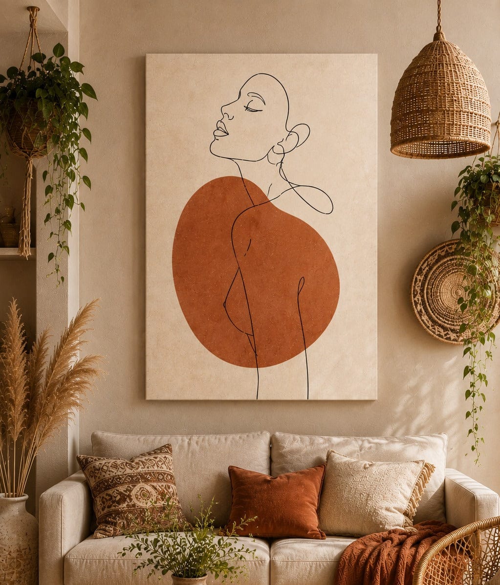 Minimalist Boho Line Art Canvas Wall Art – Abstract Woman Portrait Beige & Terracotta Living Room Decor - Sense for Decor