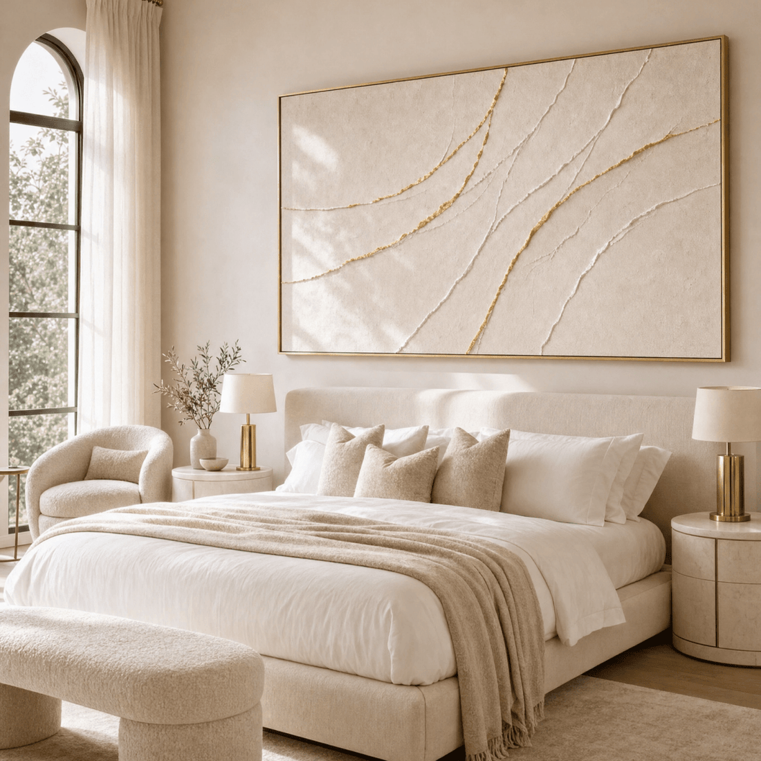 Minimalist Cream & Gold Wall Art | Hand-Embellished Textured Canvas | Neutral Abstract Large Statement Piece - Sense for Decor