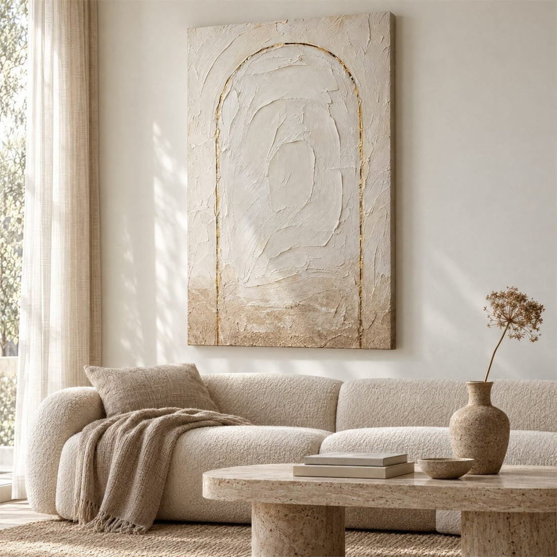 Minimalist Wall Art – Oversized Cream and Gold Plaster Arch Textured Look Canvas for Living Room - Sense for Decor