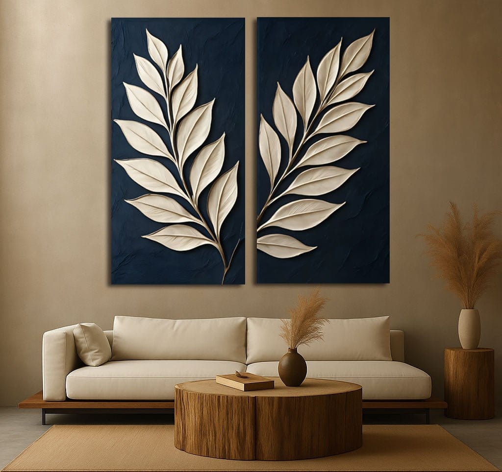 Modern Botanical Wall Art Minimalist Leaf Design on Navy Blue Background | Elegant 2 - Panel Canvas Print - Sense for Decor