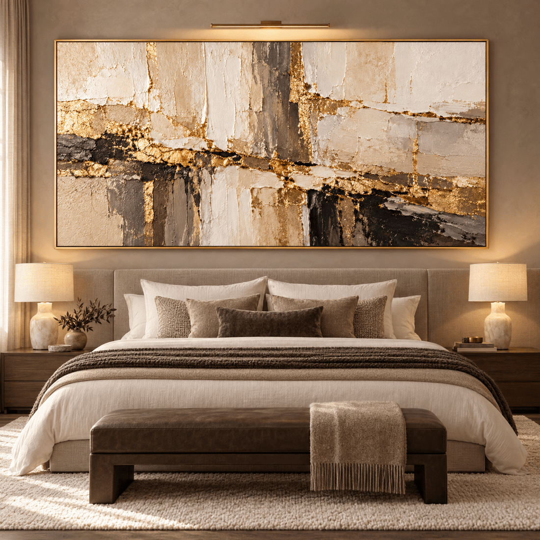 Modern Gold Leaf Abstract Wall Art – Oversized Cream and Taupe Textured Look Canvas for Living Room - Sense for Decor