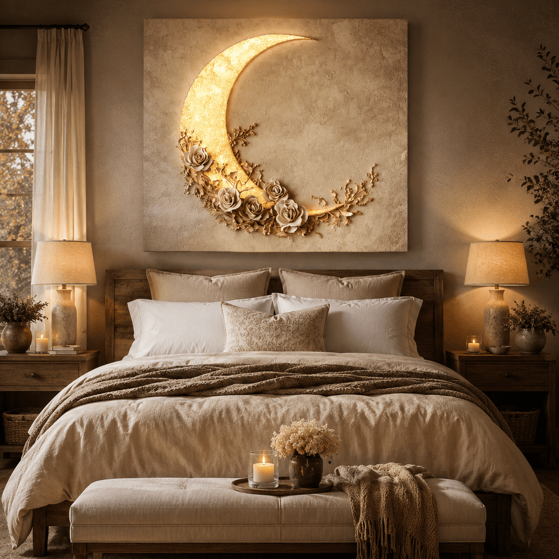 Moon and Roses Wall Art – Illuminated Crescent Canvas Décor - Sense for Decor
