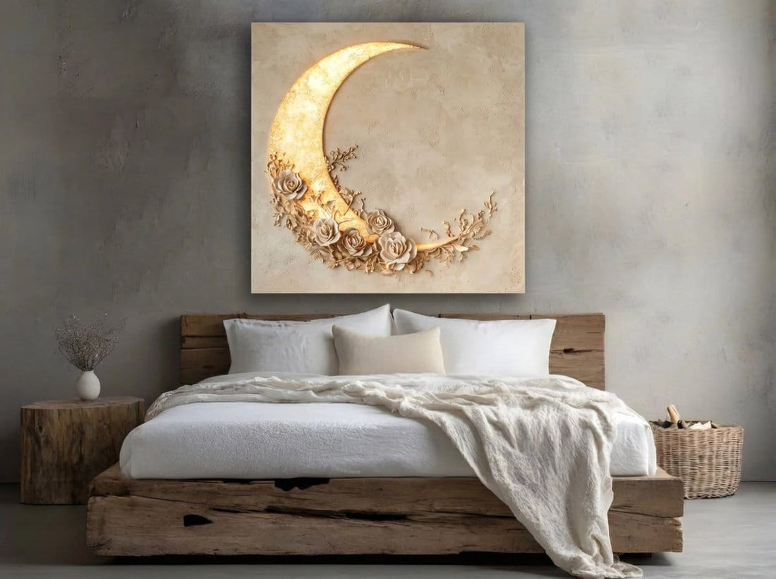 Moon and Roses Wall Art – Illuminated Crescent Canvas Décor - Sense for Decor