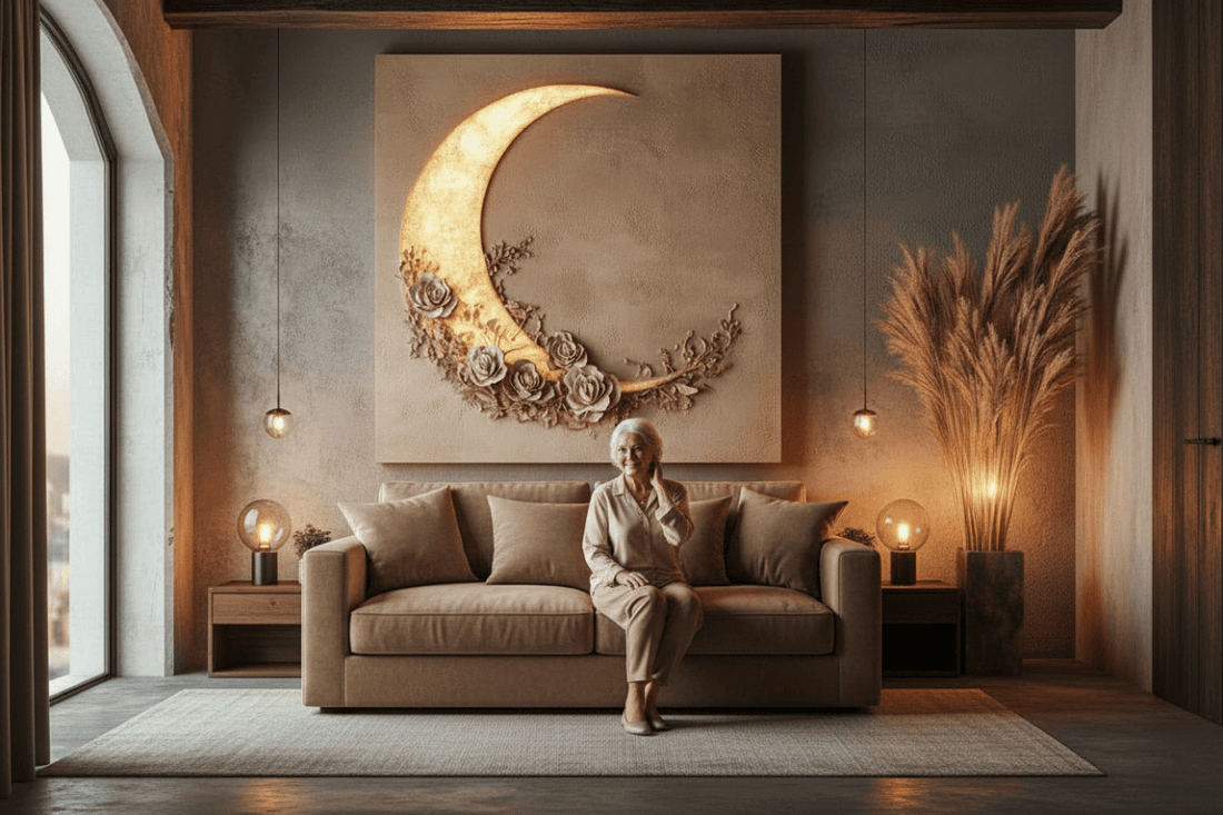Moon and Roses Wall Art – Illuminated Crescent Canvas Décor - Sense for Decor