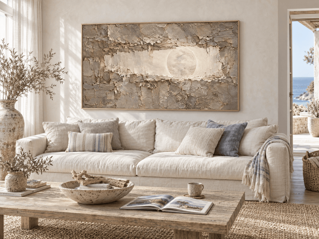 Moon Wall Art – Oversized Cream and Grey Carved Stone Textured Look Canvas for Living Room - Sense for Decor