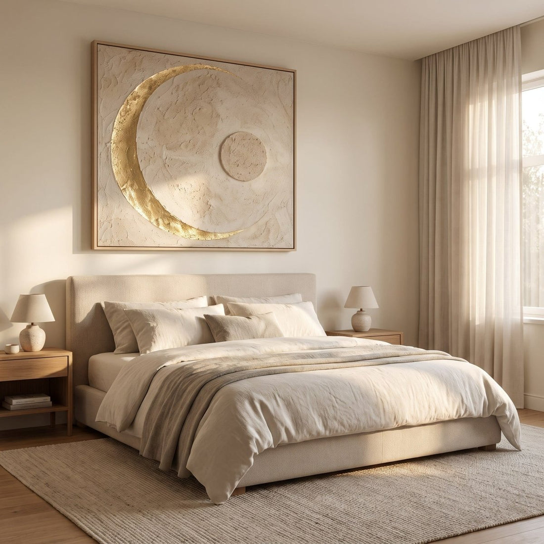 Moon Wall Art – Oversized Gilded Crescent Plaster Textured Look Canvas for Bedroom - Sense for Decor