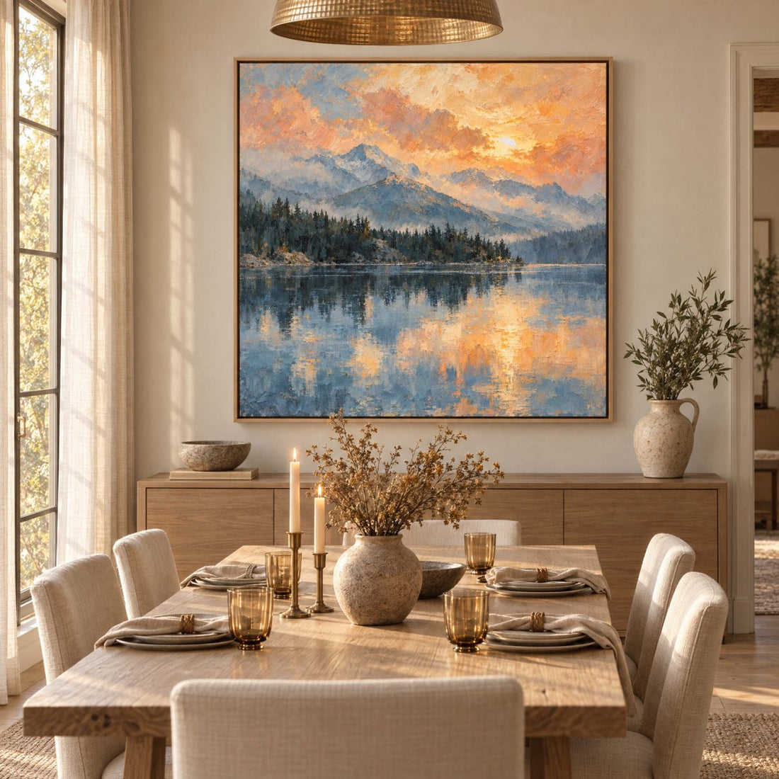Mountain Lake Wall Art – Oversized Sunset Reflection Impressionist Canvas for Living Room - Sense for Decor