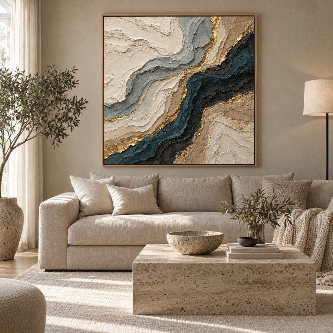 Navy and Gold Wall Art – Oversized Marbled Agate Textured Look Canvas for Living Room - Sense for Decor