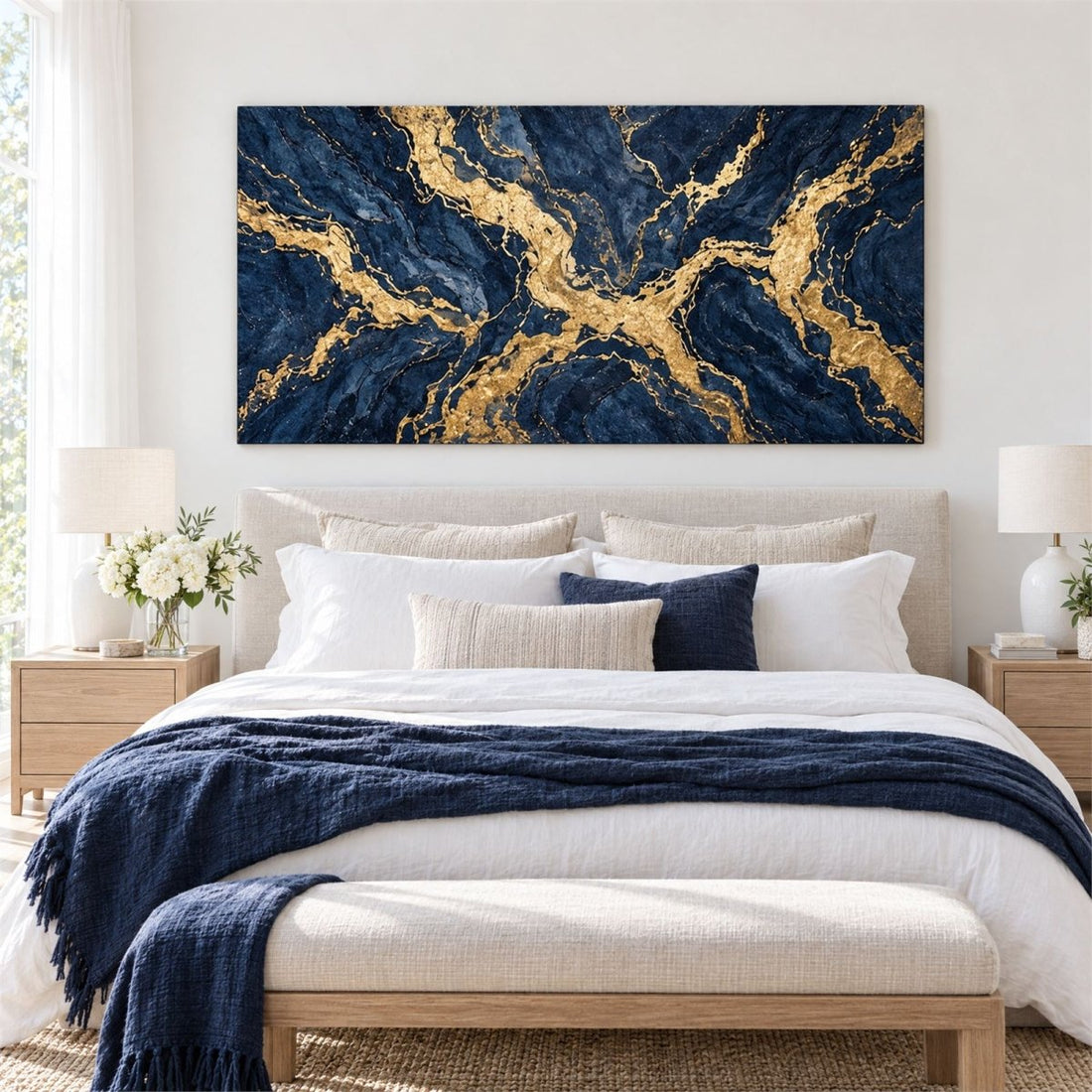 Navy and Gold Wall Art – Oversized Panoramic Marble Vein Textured Look Canvas for Living Room - Sense for Decor