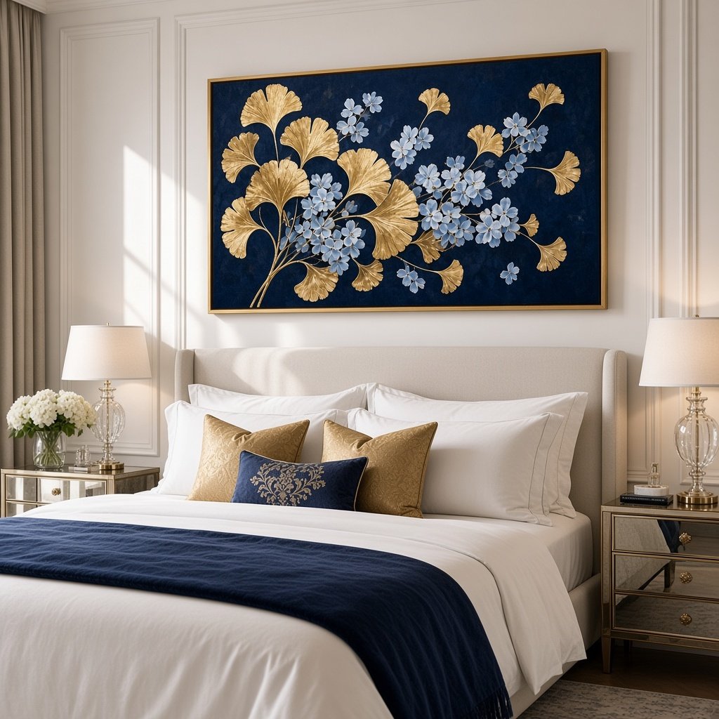 Navy Ginkgo Wall Art – Oversized Navy Blue and Gold Leaf with Blue Blossom Textured Look Canvas for Living Room - Sense for Decor
