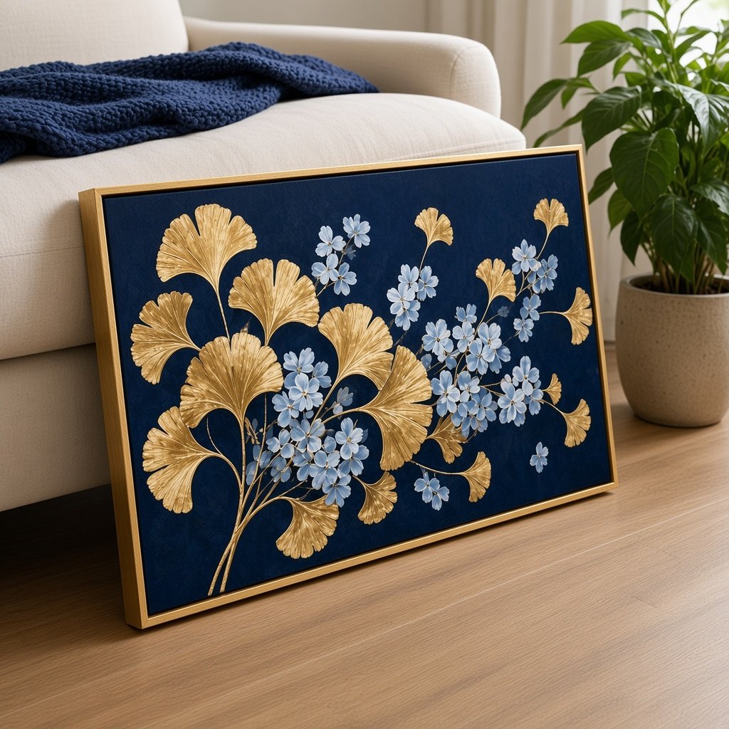 Navy ginkgo canvas leaning beside a sofa, close up