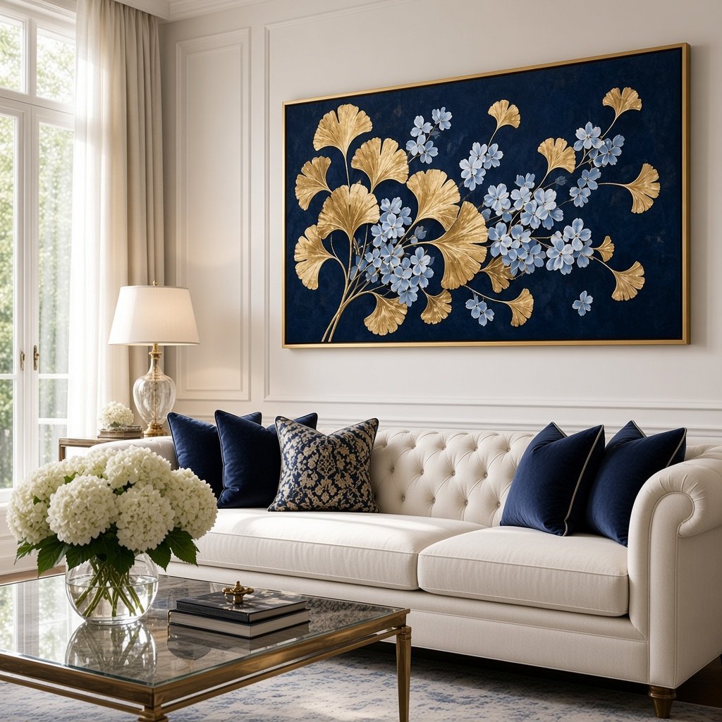 Navy and gold ginkgo wall art above a tufted sofa