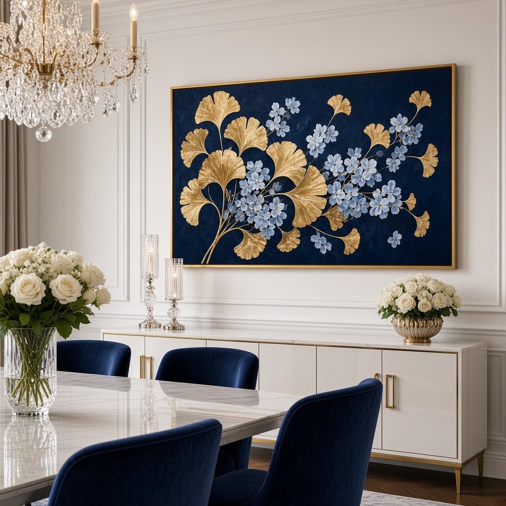 Navy ginkgo wall art in a dining room