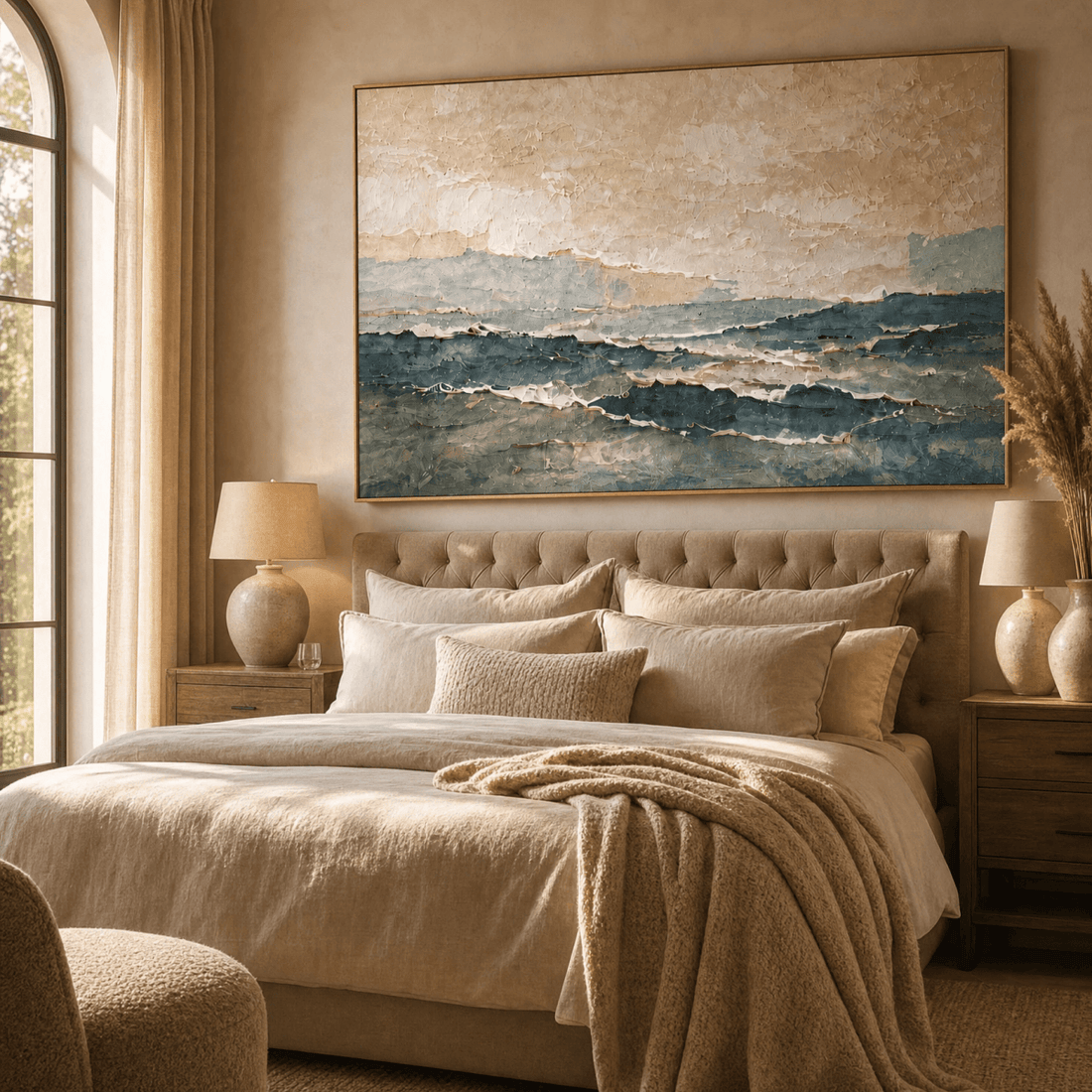 Neutral Landscape Wall Art | Hand-Embellished Canvas | Warm Earth Tone Abstract Seascape | Large Textured Painting - Sense for Decor
