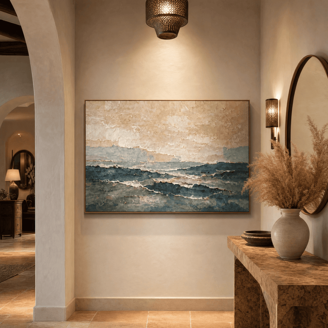 Neutral Landscape Wall Art | Hand-Embellished Canvas | Warm Earth Tone Abstract Seascape | Large Textured Painting - Sense for Decor