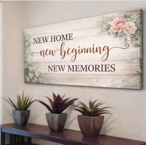 New Home New Beginning Floral Wall Art - Rustic Wood Style Canvas for Entryway & Living Room - Sense for Decor