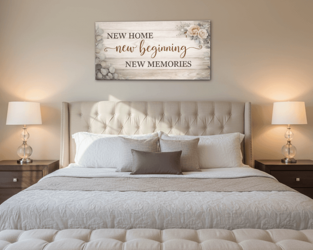 New Home New Beginning Floral Wall Art - Rustic Wood Style Canvas for Entryway & Living Room - Sense for Decor