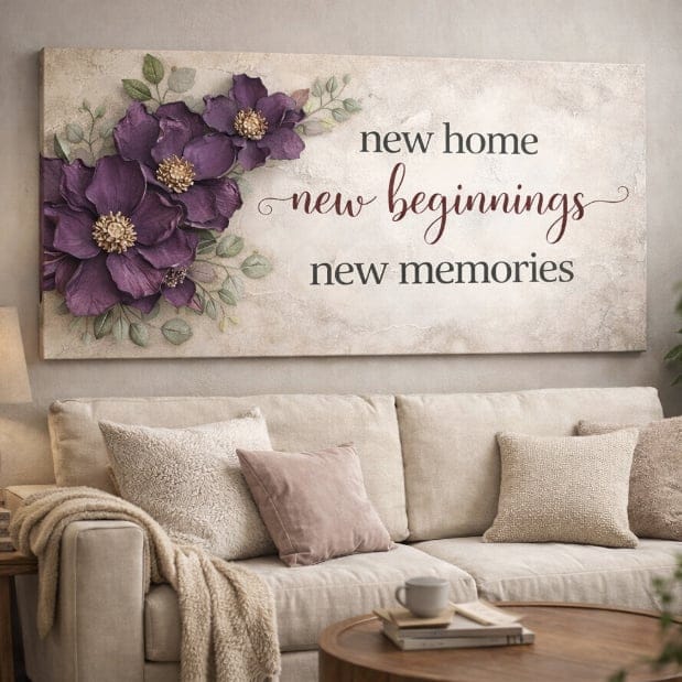New Home New Beginnings Floral Wall Art - Transitional Living Room Canvas Decor - Sense for Decor