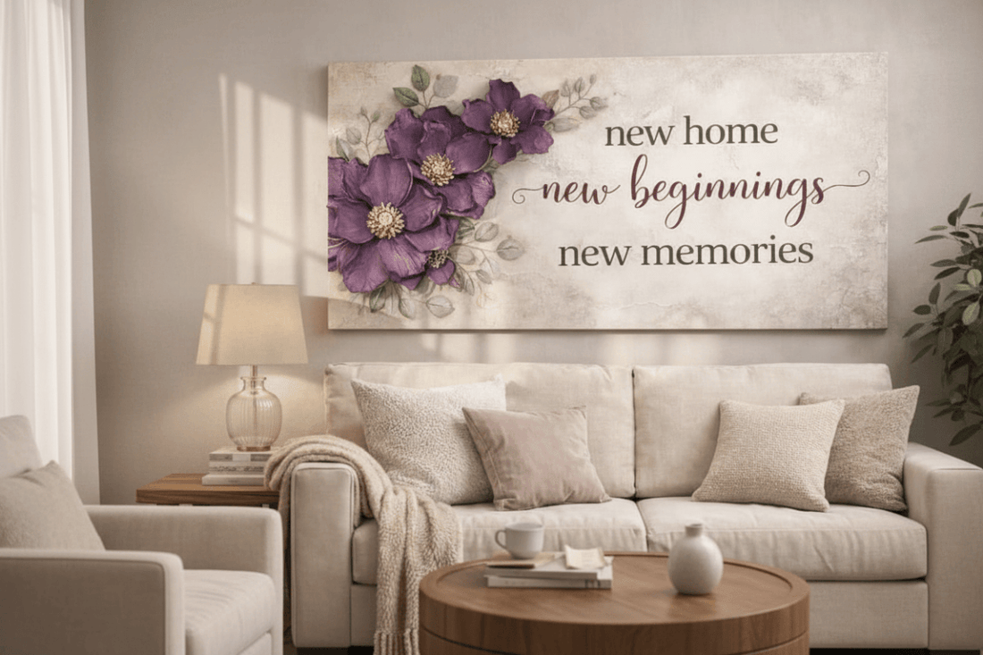 New Home New Beginnings Floral Wall Art - Transitional Living Room Canvas Decor - Sense for Decor