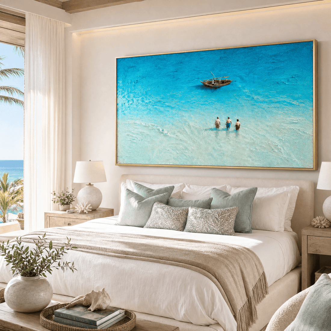 Ocean Wall Art | Turquoise Beach Canvas | Hand-Embellished Coastal Painting | Large Aerial Seascape Statement Piece - Sense for Decor