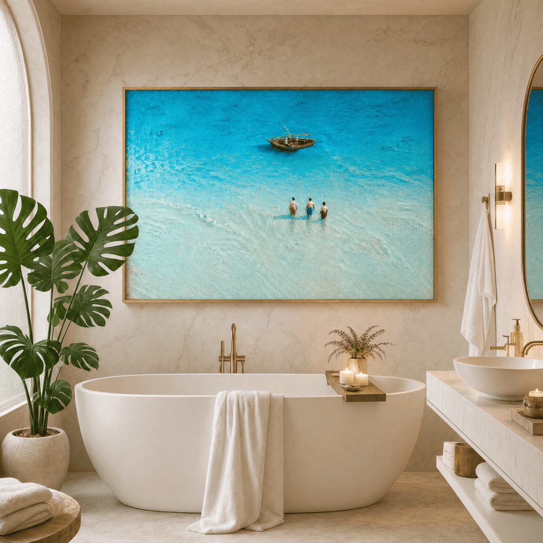 Ocean Wall Art | Turquoise Beach Canvas | Hand-Embellished Coastal Painting | Large Aerial Seascape Statement Piece - Sense for Decor