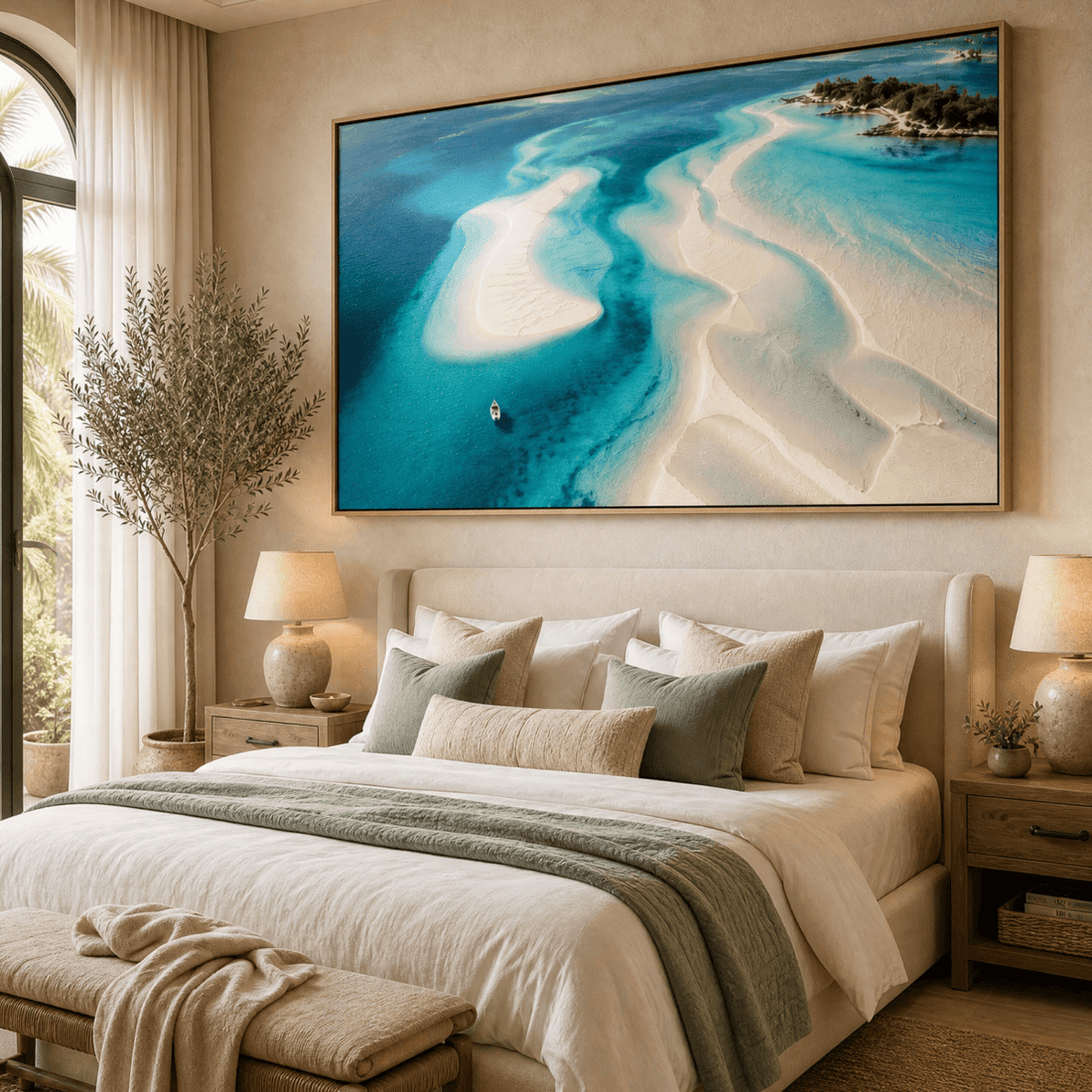 Ocean Wall Art | Turquoise Beach Canvas | Hand-Embellished Coastal Painting | Large Aerial Seascape Statement Piece - Sense for Decor
