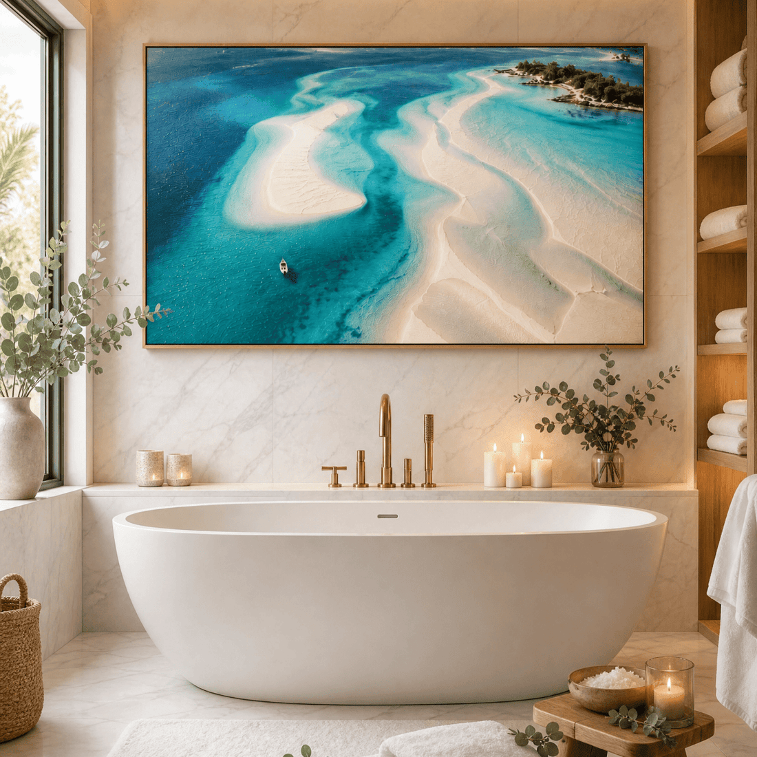 Ocean Wall Art | Turquoise Beach Canvas | Hand-Embellished Coastal Painting | Large Aerial Seascape Statement Piece - Sense for Decor