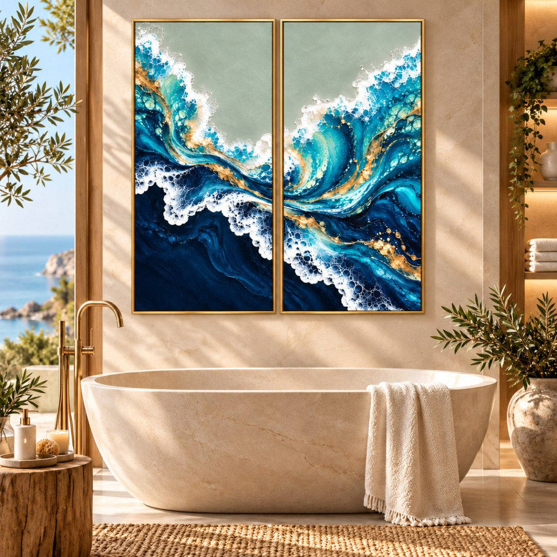Ocean Wave Wall Art – Oversized 2 Piece Navy Blue and Gold Coastal Canvas Set for Living Room - Sense for Decor