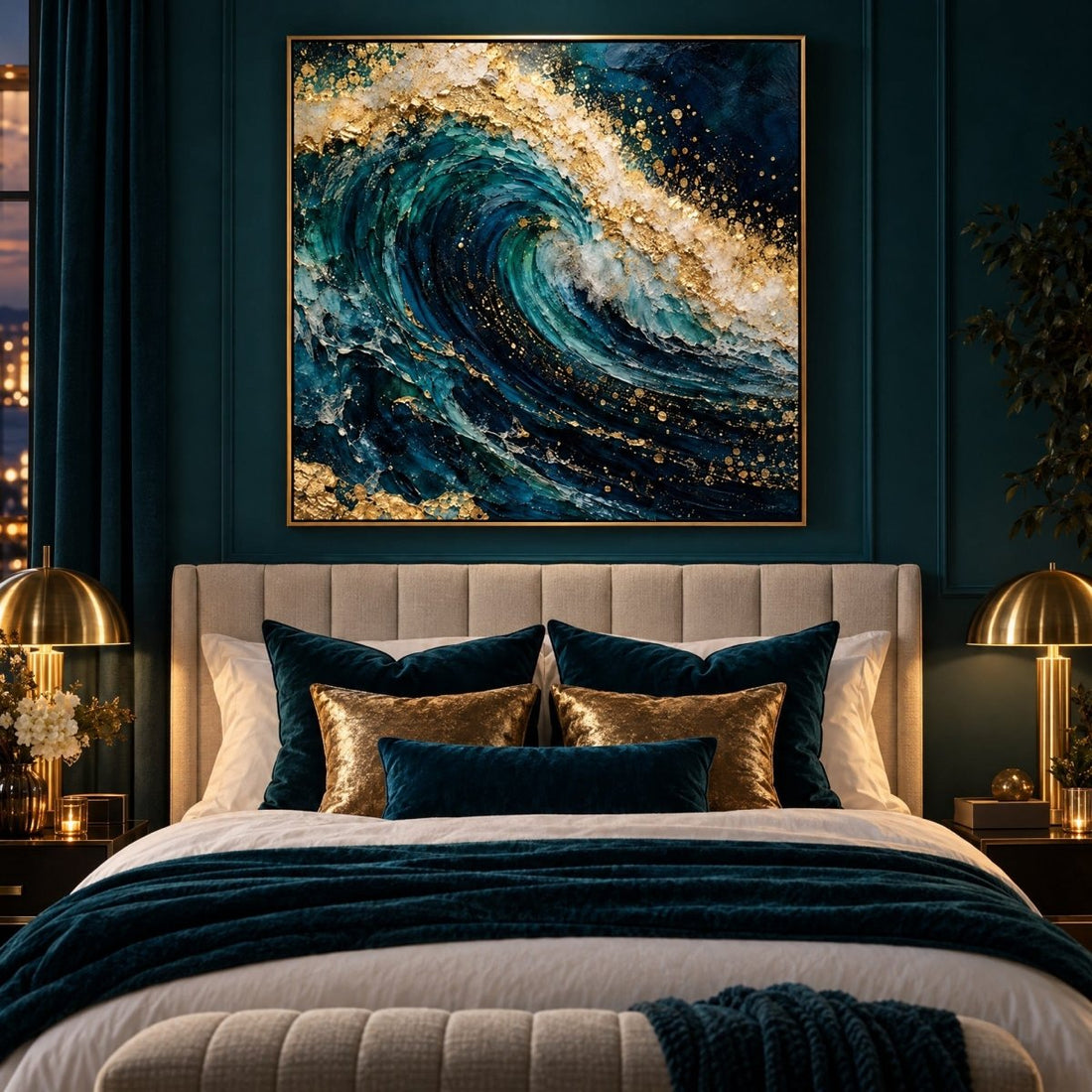 Ocean Wave Wall Art – Oversized Teal and Gold Cresting Wave Textured Look Canvas for Living Room - Sense for Decor