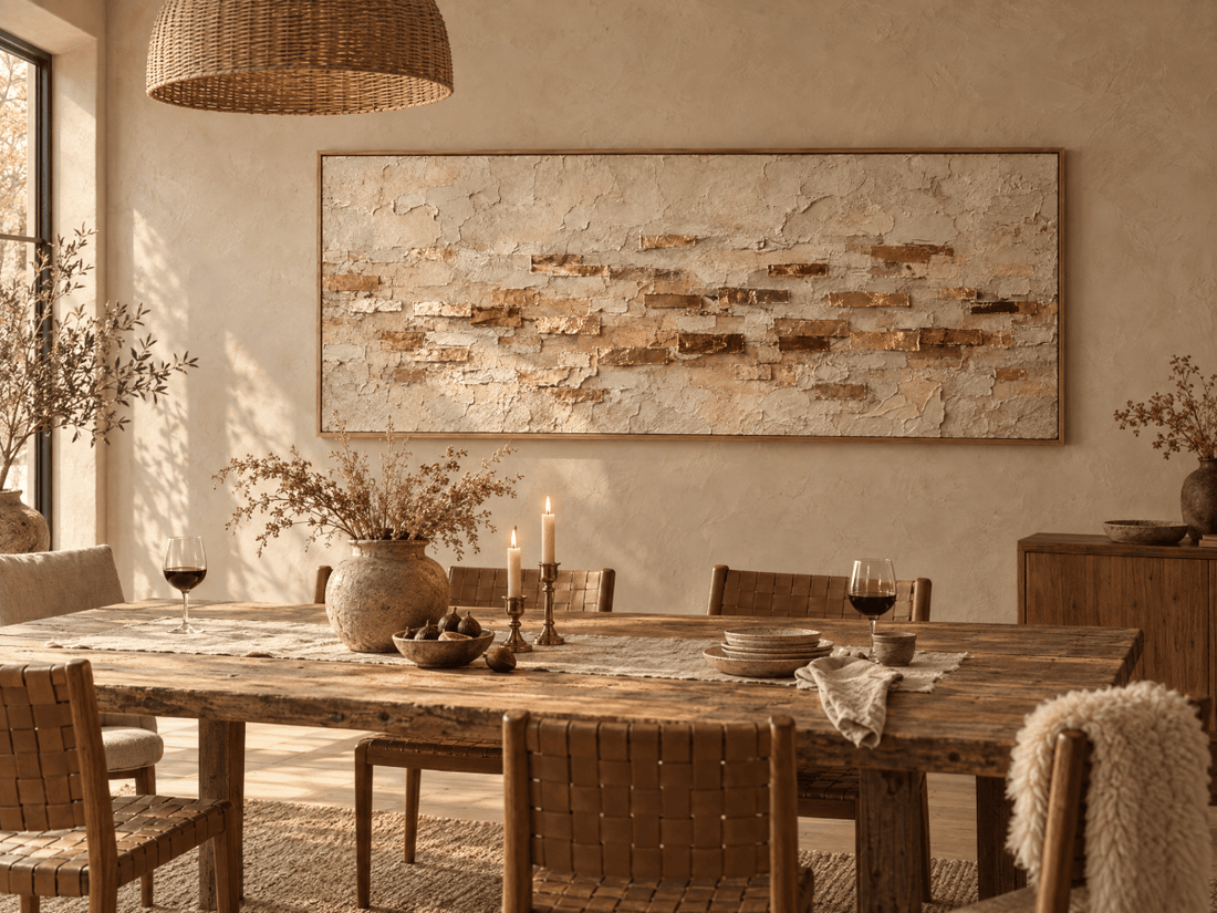 Ochre and Gold Wall Art – Oversized Cream Plaster Textured Look Canvas for Living Room - Sense for Decor