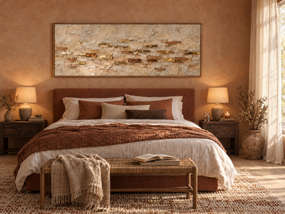 Panoramic ochre canvas above a bed in a terracotta bedroom